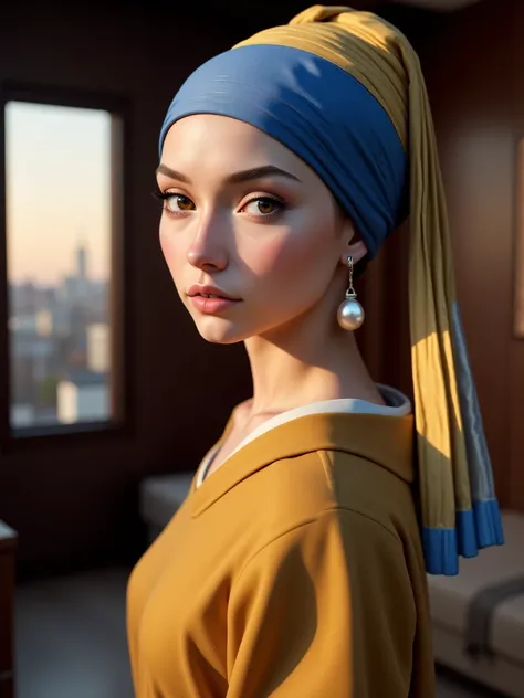 (Masterpiece, ultra realistic) reflective portrait of girl with the pearl earring in the modern time.Last rays of light.