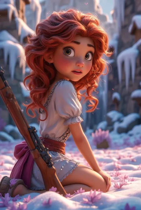 masterpiece, niji style  anime art. Little Huntress girl, aged 3, sits in a battle pose, rifle resting between her legs. Long, red curling hair cascades down her back. She wears an airy white sheer micro tiny dress, showcasing her petite figure. The frigid...