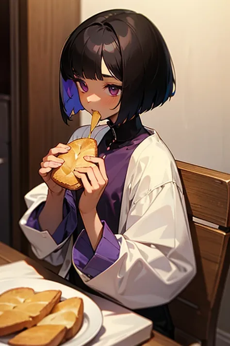 Black Haired Purple Brown Skin Bob Cut Sleeved Boy Shirt Shorts、 Eating Bread