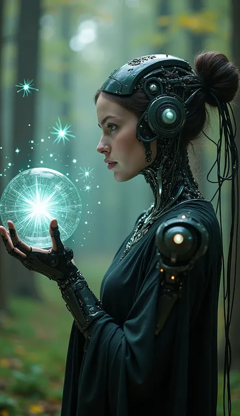 A portrait of a cybernetic witch whose robotic arms reach out to the magic sphere suspended in her hand. The sphere emits a soft pulsating glow that illuminates her miscellaneous metallic and organic facial features. She is surrounded by swirling transpare...