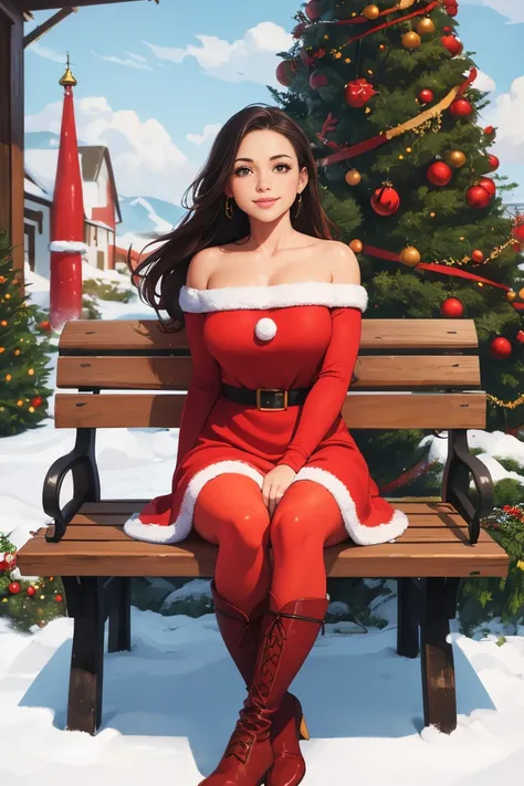 A best quality realistic acrylic illustration art, a brazilian woman, little smile, wearing dress inspired in santa claus, red tights, red boots, sitting on a high wooden bench
 in stone garden decorated with christmas theme