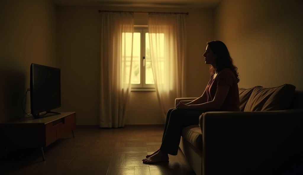 Best quality, highres, ultra-detailed, cinematic scene. A woman, Sofía, sits alone on a sofa in her quiet living room, her gaze fixed on the window with an expression of unease, as if sensing that something is not right The atmosphere is silent, the warm l...