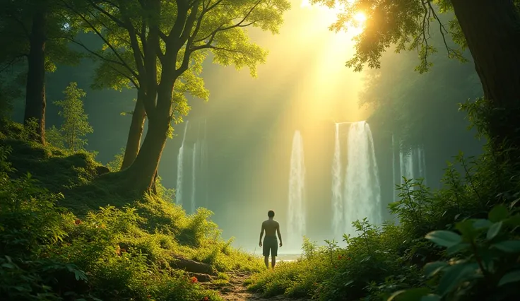  The suns rays are shining through the mysterious forest。Beautiful waterfalls and fresh greenery 。Feeling refreshed。relax。Take a deep breath