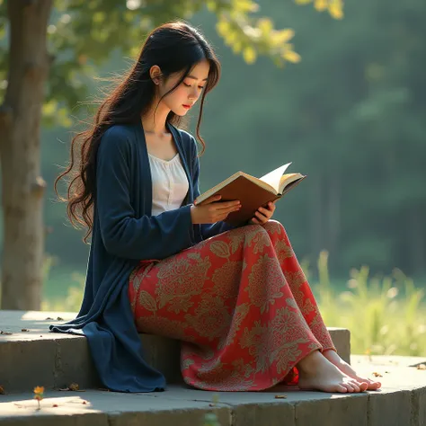 A beautiful girl wearing a batik long skirt and dark blue cardigan and sitting on an outdoor plinth 3 foot high and reading a book, show foot and the whole her body.