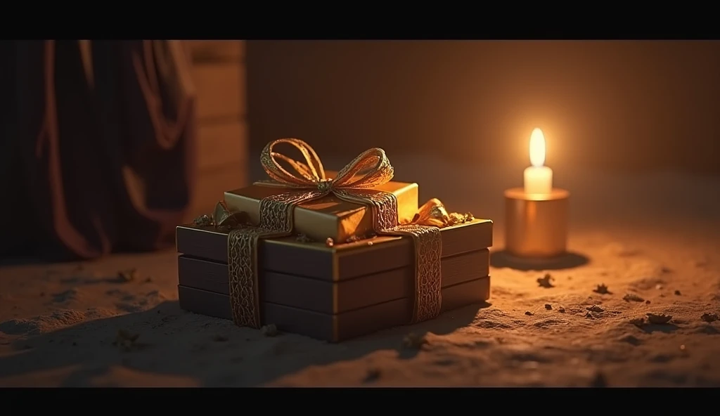 realistic digital art in 3D,  A box of luxurious gifts  (gold,  incense and myrrh ) next to the manger ,  illuminated by the soft light of a candle ,  with a shadow cast by light ,  symbolizing the sacrifice and future suffering of Jesus.