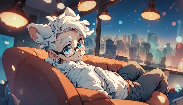 A young boy in white jacket over white tshirt white hairs white eyebrow blue eyes seated on sofa skyscraper window city night background Bokeh lights skyscrapers in background front landscape view rounded black colour glasses  on eyes close up to camera 