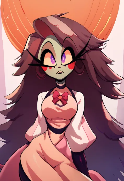 An hazbin hôtel character, a girl with a green skin, long brown hair, Purple eyes, golden clothes 