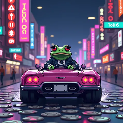 A low-res pixel art anime frog wearing a stylish suit and sunglasses, cruising in a futuristic pixel car on a road made of digital tokens. Neon lights in violet and green reflect off the car, while signs along the road display crypto logos and trading grap...