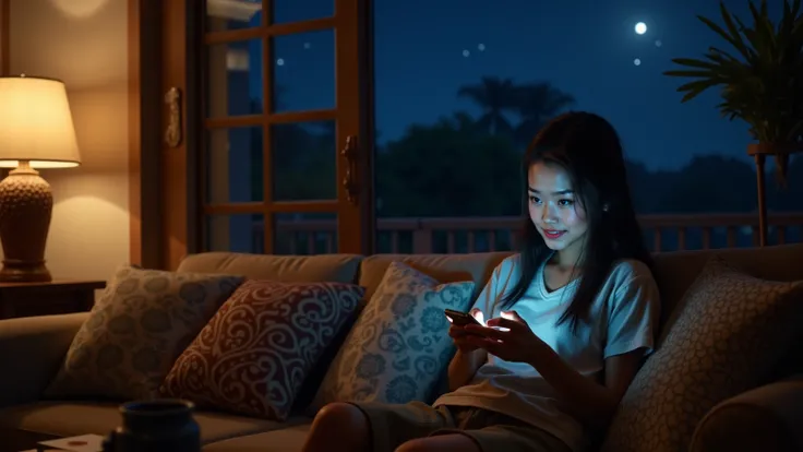 a 25 year old girl, with animated expression,  sitting on a comfortable sofa in the living room of a typical Indonesian house .  She is holding a modern cell phone with both hands while typing messages to friends. the atmosphere is cozy,  illuminated by a ...