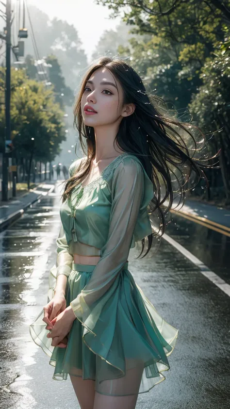 8k, masterpiece, 1 girl, beautiful face, very long hair, light makeup, (glossy skin), detailed eyes, detailed lips, small bust, simple clothing, blowing wind, ((green clothing)), ((long petticoat)), ((navel)), light clothing, ((fog)), ((at the road)), ((we...