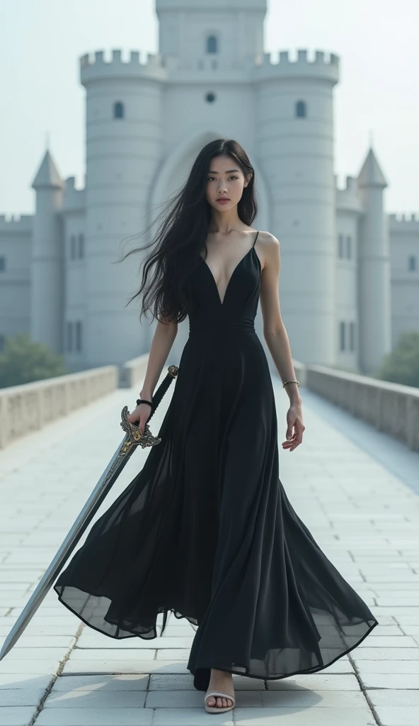 Make an image of a woman with white skin, voluminous black hair that is wavy at the ends, light gray eyes, she must wear a flowing black dress, she must firmly hold a large silver sword in her right hand, the image must show her body walking on a white flo...