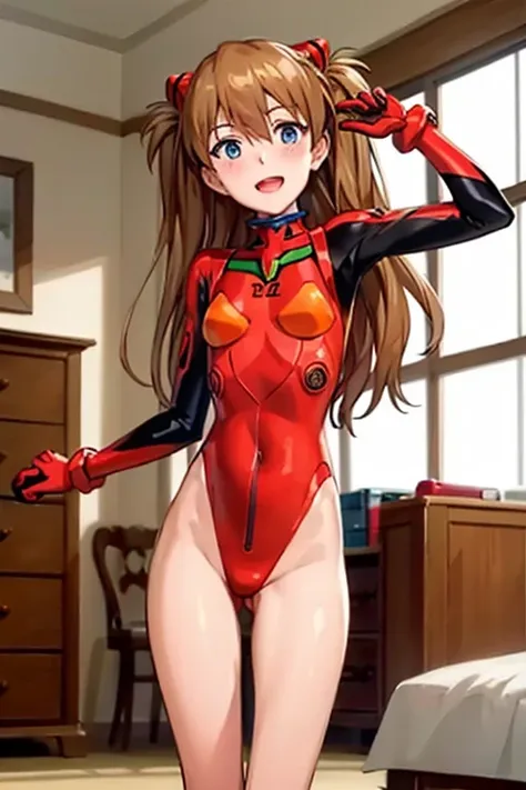 (( top quality)), ((masterpiece)), (be familiar with),  perfect face, indoor, bedroom,  viewer,
One woman,  Soryu Asuka Langley ,
 open mouth,  ecstatic expression with hands in front of body, blush, smile,
 small tits,  flat chested, Young girl, Lori,  s,...