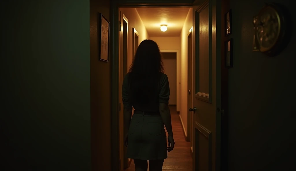 Best quality, highres, ultra-detailed, cinematic horror scene. Sofía stands at the open door of her house at night, her expression a mix of curiosity and fear as she gazes into the empty doorway Behind her, the hallway stretches into darkness, illuminated ...