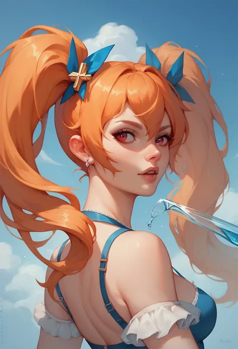 1girl, solo, female, alisa southerncross, scarlet eyes, long yellow-orange hair put in the ponytail/pigtails in the back held in place by two sky blue glass-like orbs.