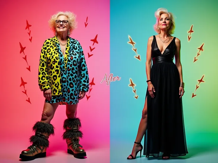 A comical before and after split-screen thumbnail: On the left, a middle-aged woman (50+ years old) wears a chaotic, tacky outfit featuring neon animal print, glittery accessories, and oversized boots. On the right, the same woman is transformed into an el...