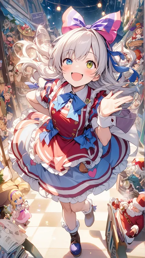 ( cute)Alice in Wonderland、 best quality 、heart、smile、beautiful、 Silver Hair、 winks(Looking up、 close one eye)、Full body、Ribbon on head( blue ribbon、Stand tall)、 Light Shines In 、beautifulな指、 Alice in Wonderland(Guide Rabbit、Mad Hatter、 cheshire cat 、heart...