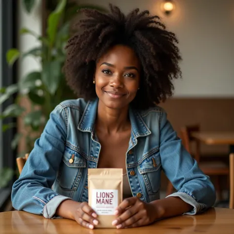 "A serene, thoughtful african woman in her mid-30s, sitting at a minimalistic café table. She wears a casual outfit (a denim jacket and a simple top) and gazes into the camera while holding the Lions Mane Mushroom Coffee package. The café interior features...