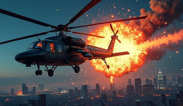 (((Digital realistic comic)))),((Modern American comic style)). At night, about 20 meters high, above the city, we see a helicopter flying and receiving the impact of a rocket, exploding the helicopter into several pieces. Details. High quality. Masterpiec...