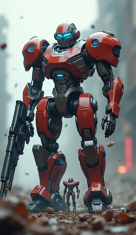 A compact, muscular warbot standing in a chaotic battlefield, its size shifting between small and large. When small, it appears to be an agile, intricately detailed robot with metallic red and silver armor, glowing neon blue accents, and a helmet with glow...