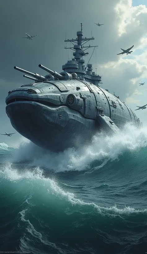  A depiction of a whale wearing aircraft carrier armor at sea,  armed with cannons and ready for war . The sea environment 