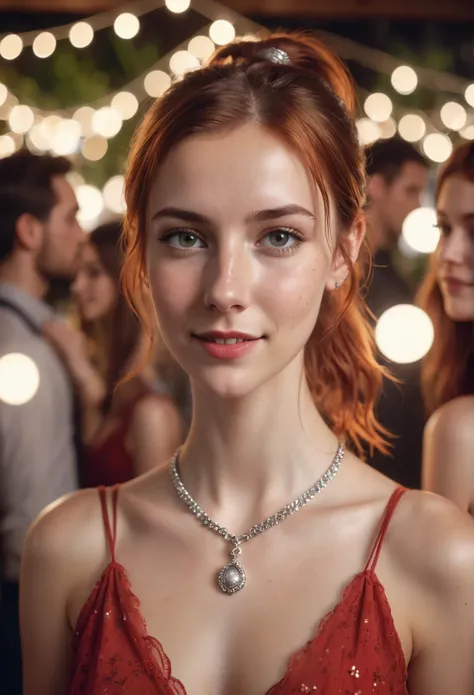 cinematic photo a 25 year old Caucasian  girl at a casual house party, looking directly at the camera with a seductive smile. red laced chiffon dress, silver necklace, Auburn hair in a ponytail, freckled face. 35mm photograph, film, bokeh, professional, 4k...