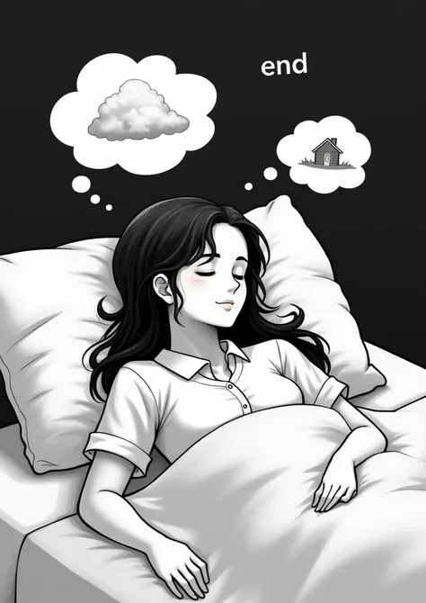  Draw a woman is lying on a bed , with a calm expression.  Her dark and wavy hair extends over the pillow .  He wears a white shirt with a collar .  Above her head are thought bubbles containing images of clouds and a simple house,  indicating that she is ...