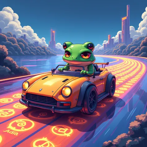 A low-res anime frog in a sleek pixel car, driving on a radiant path of ADA and XRP coins. The scene is rich in detail, with a bright orange and royal blue gradient reflecting off the car and highlighting the frog’s confident pose. Neon cityscapes loom in ...