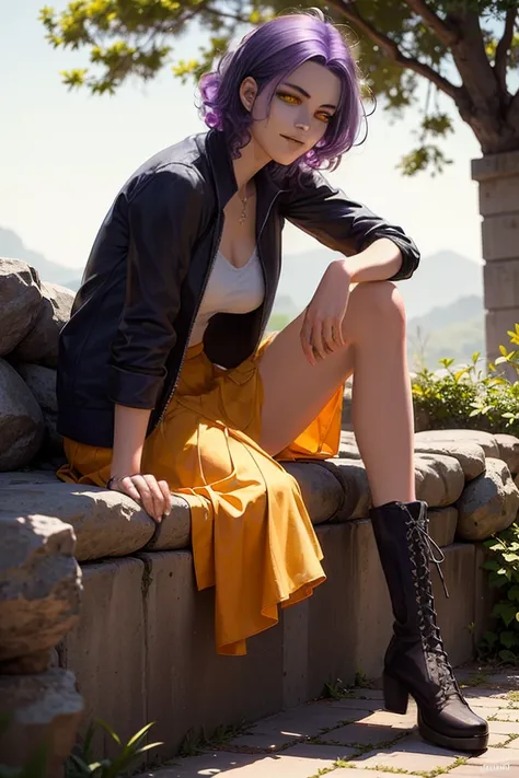 (photorealism:1.2), beautiful woman, short curly hair, against a tree, soft lighting ,relaxed pose, realistic, intricate details, warm colors, (tinted purple skin), purple hair, glowing (yellow eyes), barbarian , smirk on face, cop outfit, full body, comba...