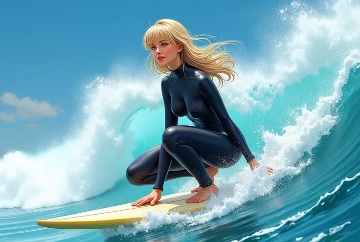 (Masterpiece, best quality:1.2), ultra-detailed, 8k, photorealistic, close-up on face, 1lady solo, standing on surfboard, (squatting:0.8) balancing, (dynamic posing), (stylish wetsuit) surfer, (mature female:0.8), /(blonde hair/) bangs, light smile, (teeth...