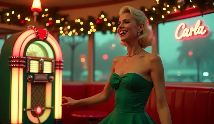 A cheerful woman ((( abnormally large breasts 2.9 )))seen in deep cleavage (((with slim bodies))) in a fitted emerald dress with a cinched waist twirls around a retro jukebox, singing along to classic Christmas carols. The diner is festively decorated with...