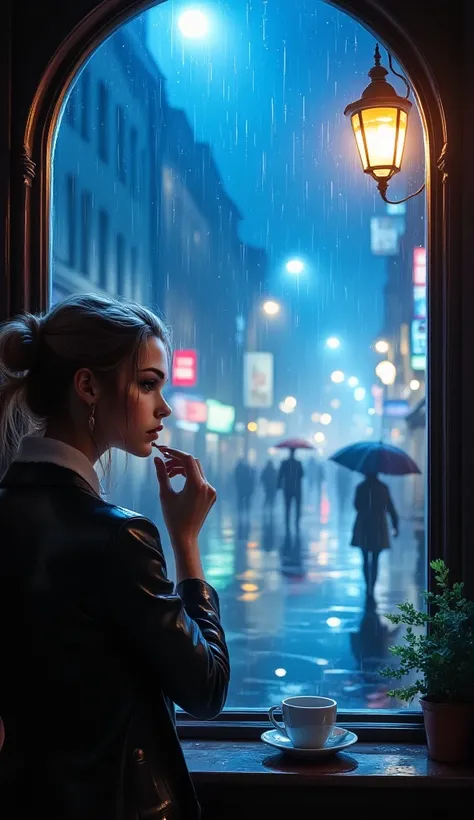  woman looking out the window with a cup of coffee ,  sees people walking with umbrellas down the street illuminated by a lantern,  torrential rain , puddles on the street , The glass has drops of water falling , chiaroscuro, cinematic lighting, UHD, Retin...