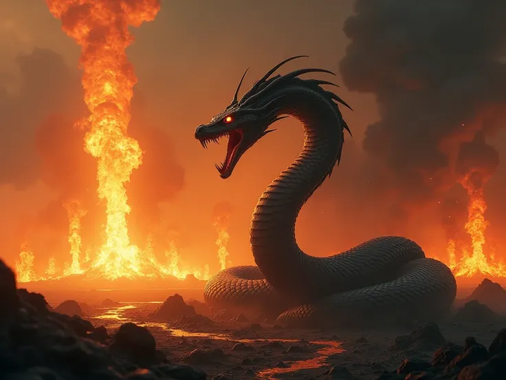 Standing snake in the background of fire