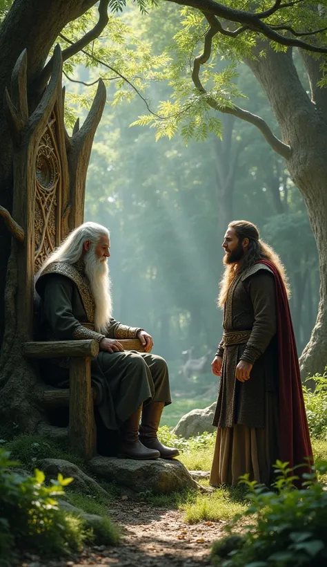 The Elvish King Thranduil sits on his trunk throne and leaves of trees and a dwarf Thorin talks with him.