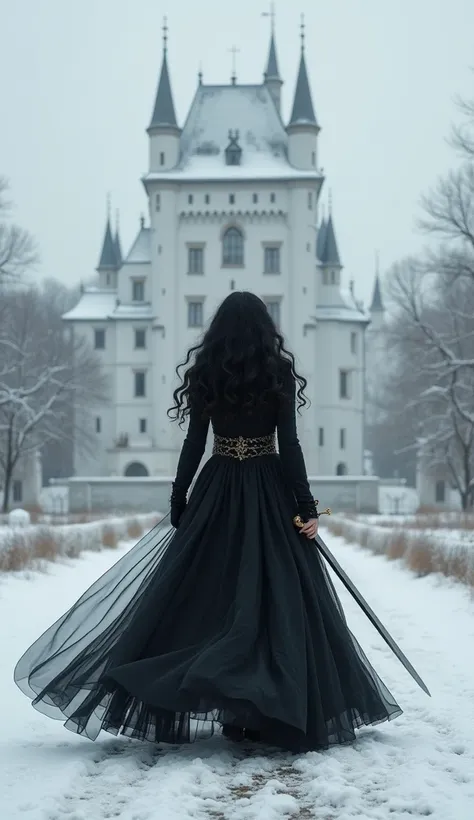  Make the image of a woman with white skin as snow , With American beauty ,  voluminous black hair curled at the tips , light gray eyes,  she must wear a flowing black medieval dress ,  must hold the handle of a large silver sword in her hand on the right,...