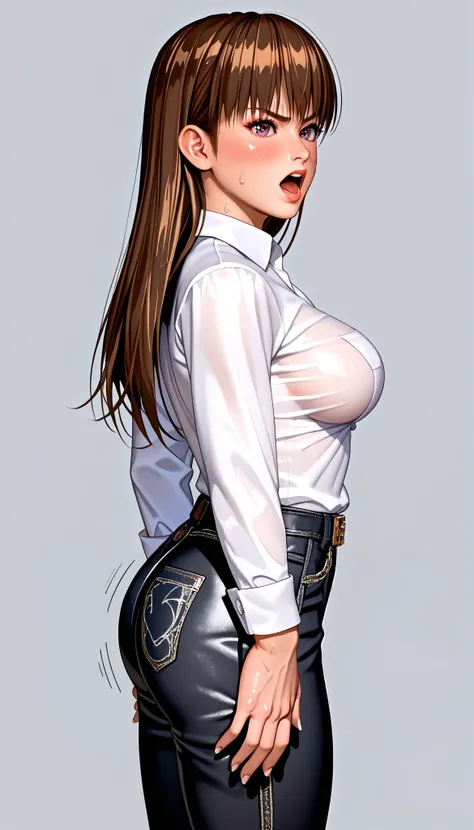 DOALeiFang, LeiFangDOA, gasp, 1girl ,1male,  {{ Man with girls butt }}, shiny black pants, shiny white business shirt, arm-behind-back, {{ and bend your body backwards }}, OL, be breathless, sweat, sparkling sweat, trembling, long brown straight hair, brea...