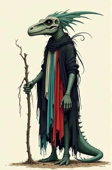 An old dinosaur woman with thick lines, without much detail, bottomless, wearing black , white, Turquesa, red, green 