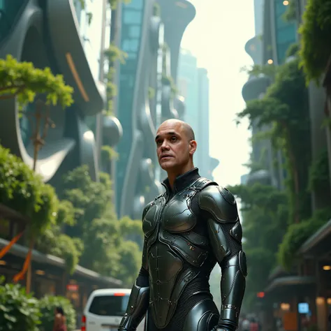 cinematographic photograph of a bald man in a cyber suit on a street in an ecopunk city with buildings with lots of curves and glass, lots of trees and plants