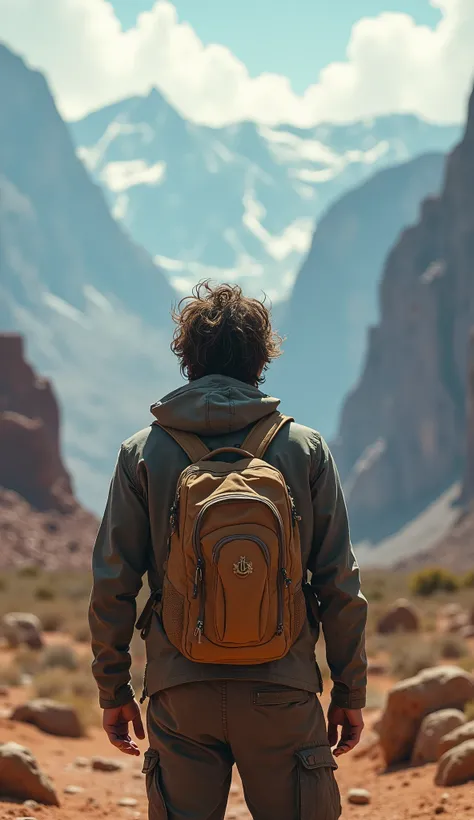 the image shows a man alone facing away from the camera: 1.5, a lone traveler, adventurous man, wanderlust, solo travel, nature hiking, rugged terrain, mountain scenery, dramatic skies, natural lighting, cinematic atmosphere, detailed portrait, expressive ...