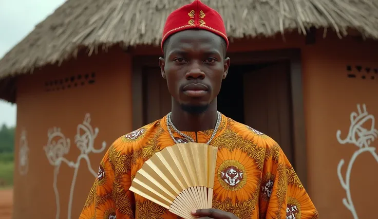 A wide shot of A tall and proud young man, always impeccably dressed to reflect his wealth. He wears a fitted isiagu shirt (a traditional Igbo attire with lion head patterns) paired with a matching red cap, signifying his status as a nobleman. His gold han...