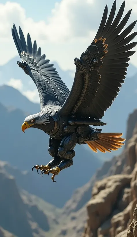 A depiction of a flying eagle ,  she is wearing the armor of a warjet, armed with cannons ready to attack