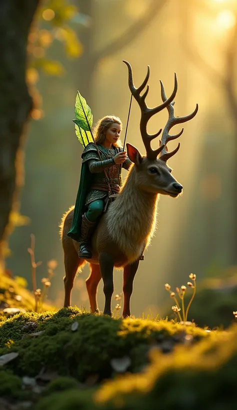 5. A macro photograph of a tiny elven archer clad in forest-green armor with delicate vine motifs, riding a miniature stag with glowing antlers that pulse faintly with golden light. The archer holds a bow carved from enchanted wood, with an arrow tipped wi...