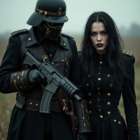 
a sexy female dark gothic black and white hair, green eyes, gothic makeup military officer of the gothic army in ordinary uniform with black gothic military jacket with military insignia and black leggings, in a battlefield, arrested with an expression of...