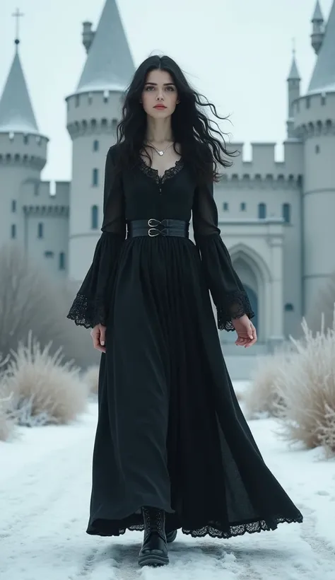 Make the image of a woman with snow-white skin, with American beauty, voluminous black hair that is wavy at the ends, her gaze must be steady with light gray eyes, she must wear a flowing black medieval dress, and her feet must have boots black. A black ma...