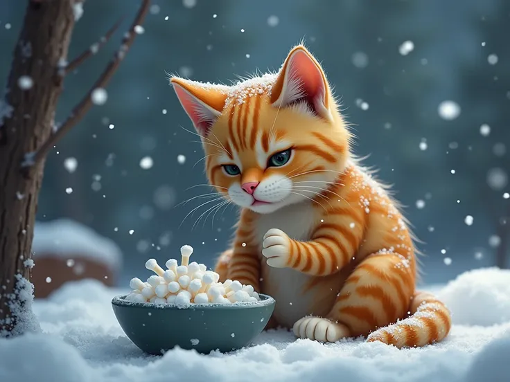  A labor cat is working at the delivery site ，Heavy snow suddenly started ，The cat cries loudly ， tears in her eyes ， kneeling and sitting with cotton swabs in a broken bowl，Other cats use money to help cats with labor  ，realistic，detailed，Best quality