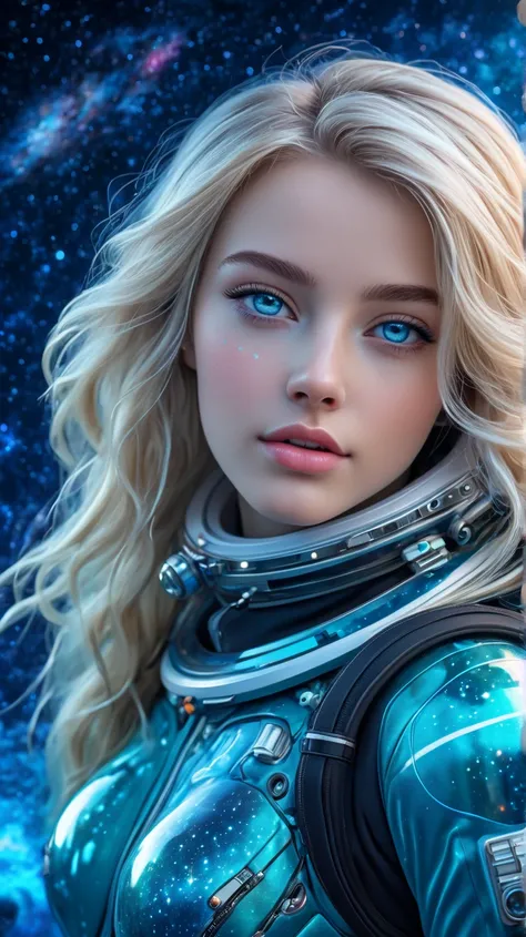 ultra-realistic,  An unrealistically beautiful blonde ,  with long hair ,  with ocean eyes  , transition from dark blue to turquoise , lively eyes , plump lips,  neat nose, blush,  European face type , gorgeous figure,  is wearing a tight space suit,  beau...