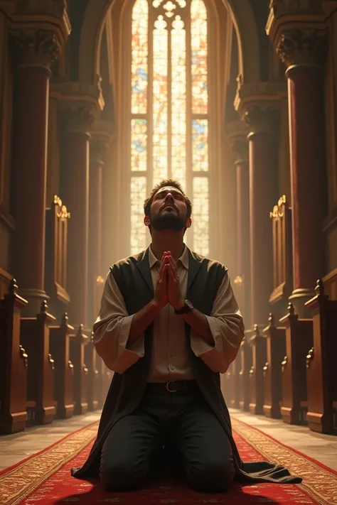 Man sitting praying in a church 