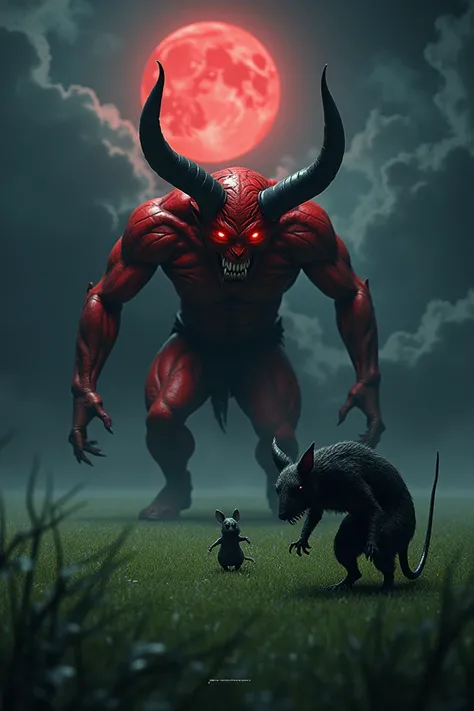 I want you to draw me a red devil and a black sky on the football field and a demon wants to eat a mouse