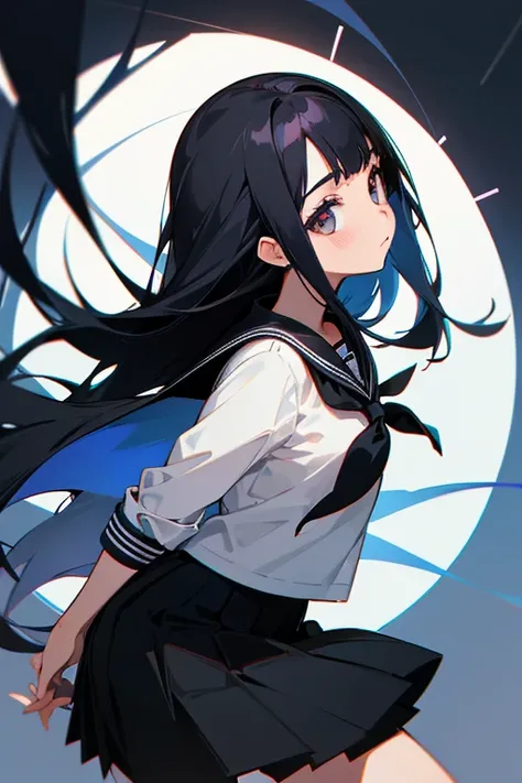 1girl, solo,face forward, ((front view)),black hair, long hair, (symmetrical), black sailor uniform, black skirt, front view