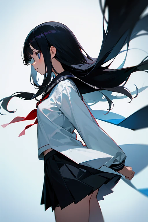 1girl, solo,face forward, ((front view)),black hair, long hair, (symmetrical), black sailor uniform, black skirt, front view