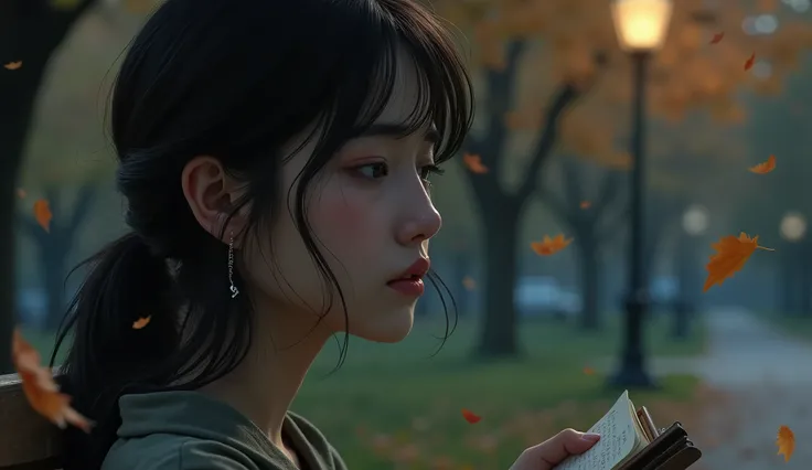 "A poignant, close-up image of a young woman with tears gently streaming down her cheeks, sitting alone on a wooden bench in a quiet park during the early evening. The dim light of a streetlamp casts a soft glow, emphasizing her sorrowful expression. Surro...